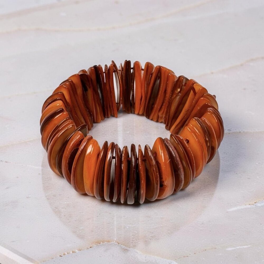Vintage Hand Crafted Seashells Chunky Stretch Bracelet Coral Tropical Boho 80s